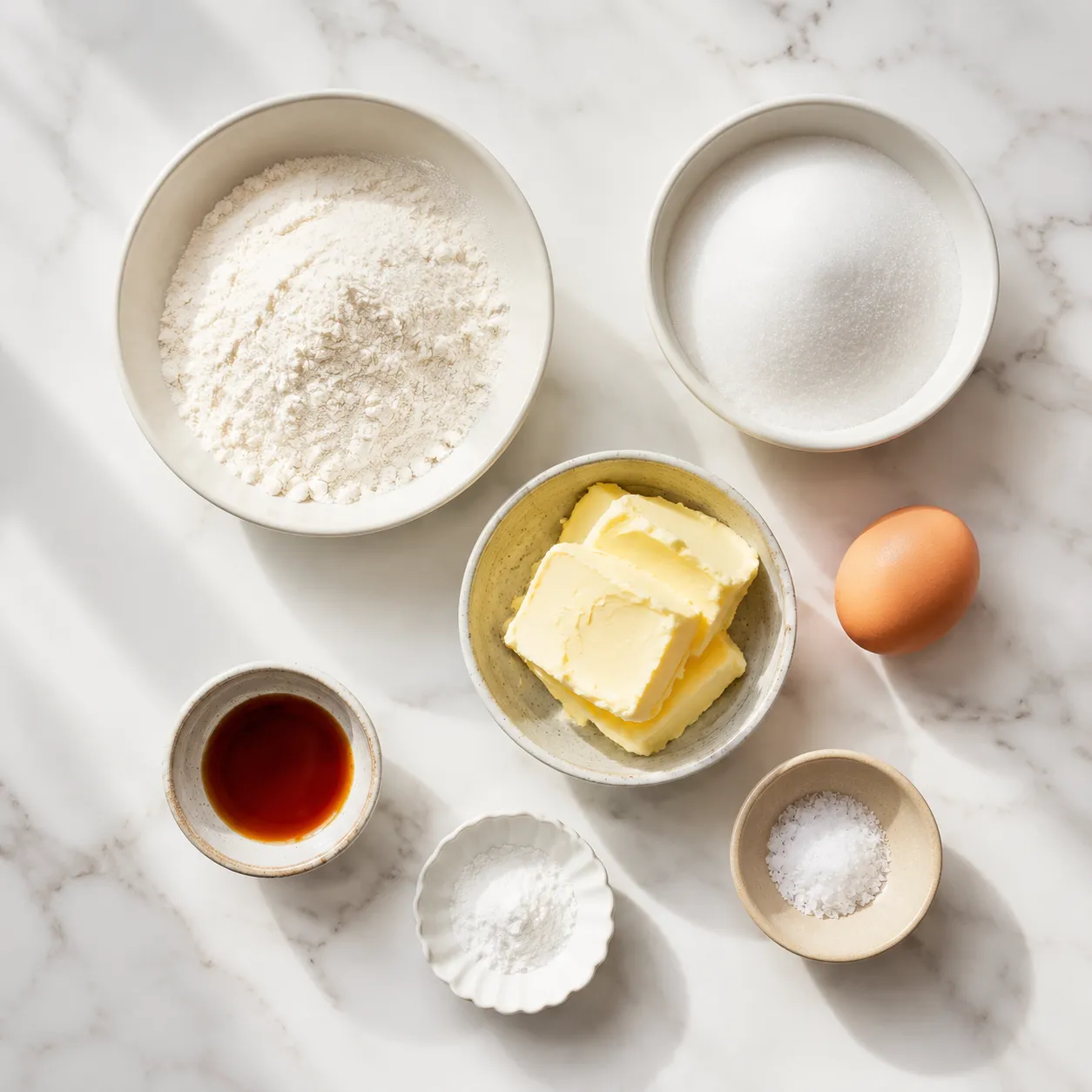 Easy sugar cookie recipe ingredients flatlay with butter, sugar, flour and vanilla