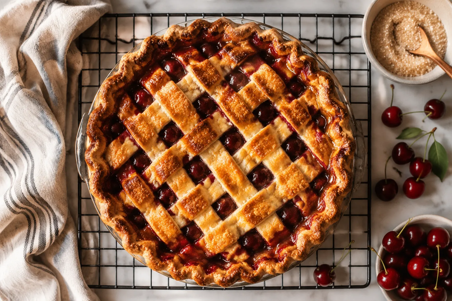 Homemade cherry pie cooling on a wire rack with golden lattice crust