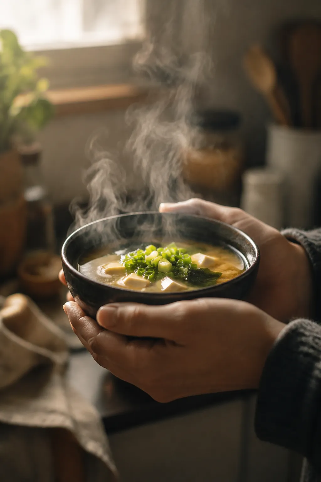 Hands holding a warm bowl of miso paste soup with tofu and scallions