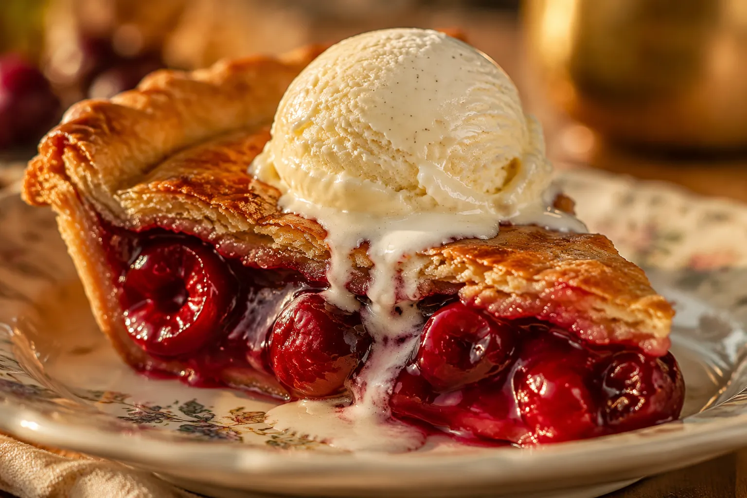 Slice of cherry pie with vanilla ice cream melting over the top