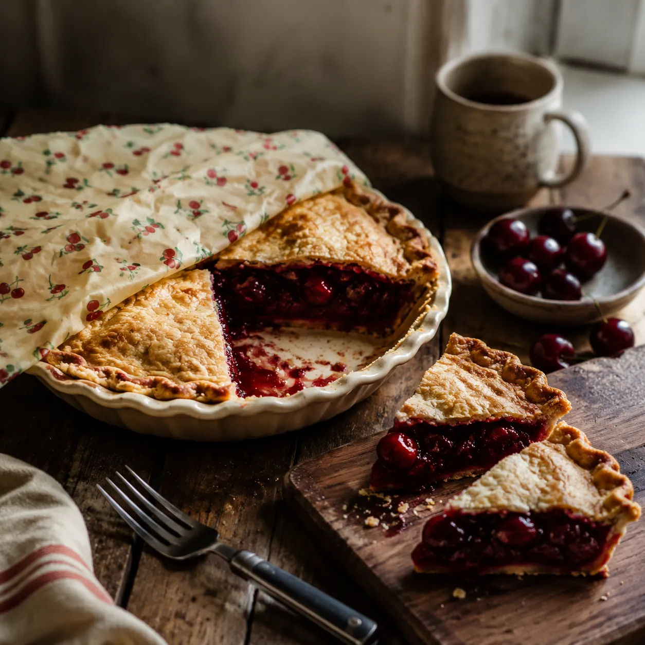 Storing leftover homemade cherry pie with slices on a wooden board