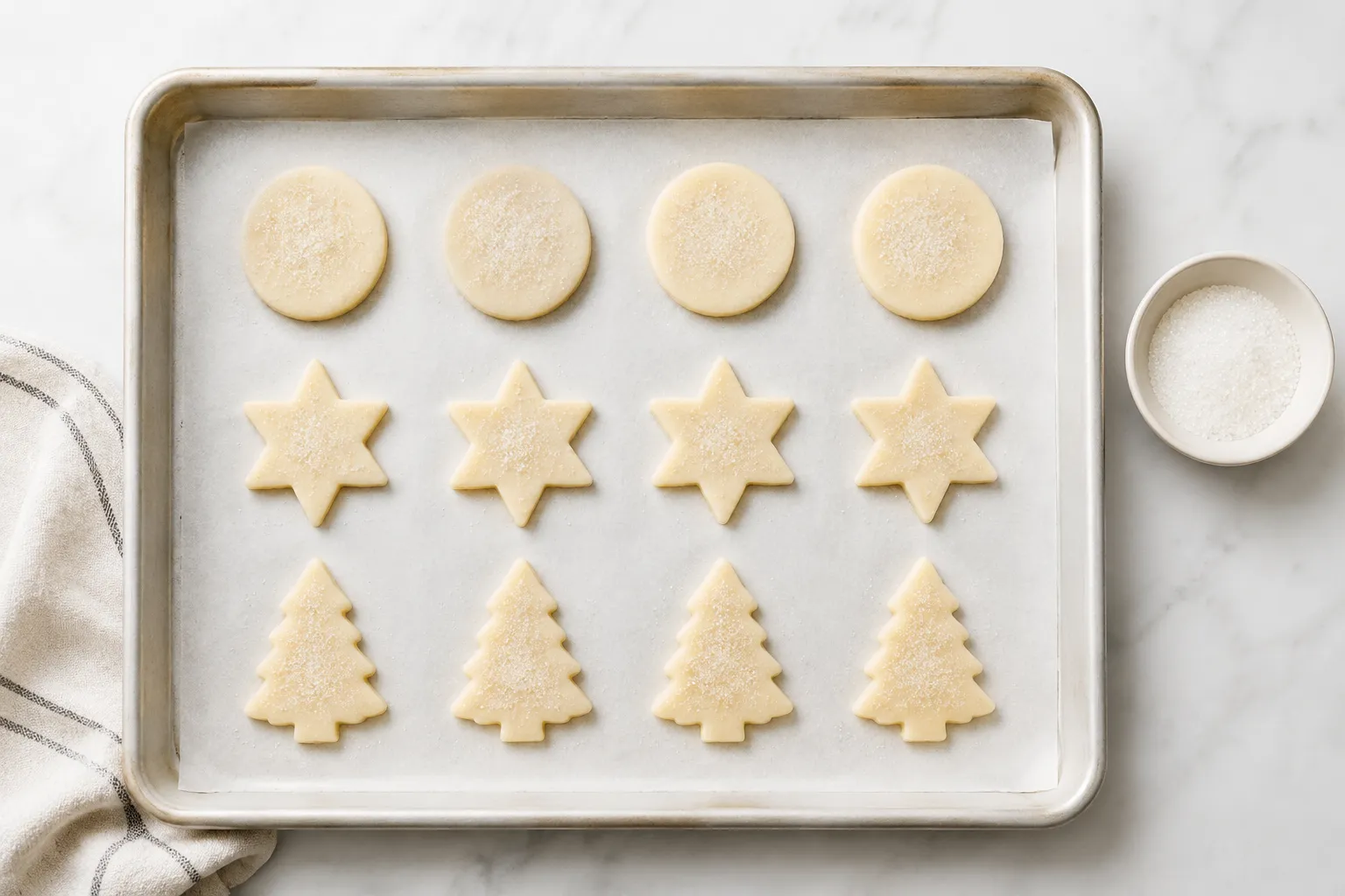Easy sugar cookies on a parchment lined sheet pan before baking