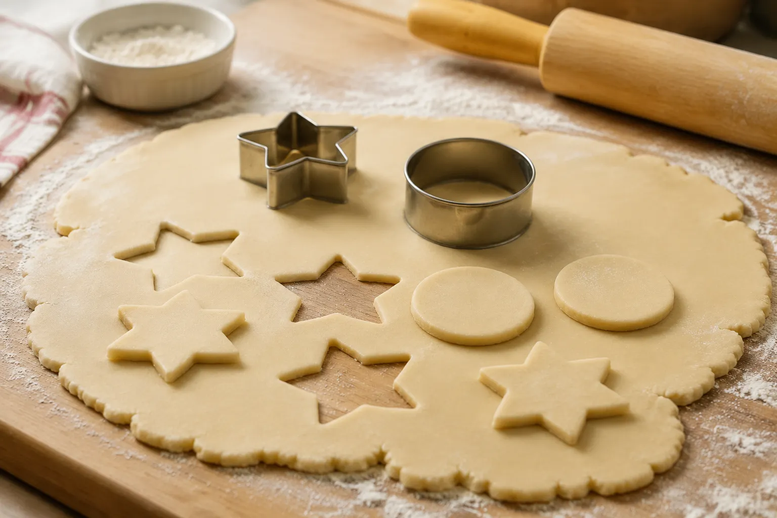 Cut out sugar cookie recipe shapes on a floured wooden board