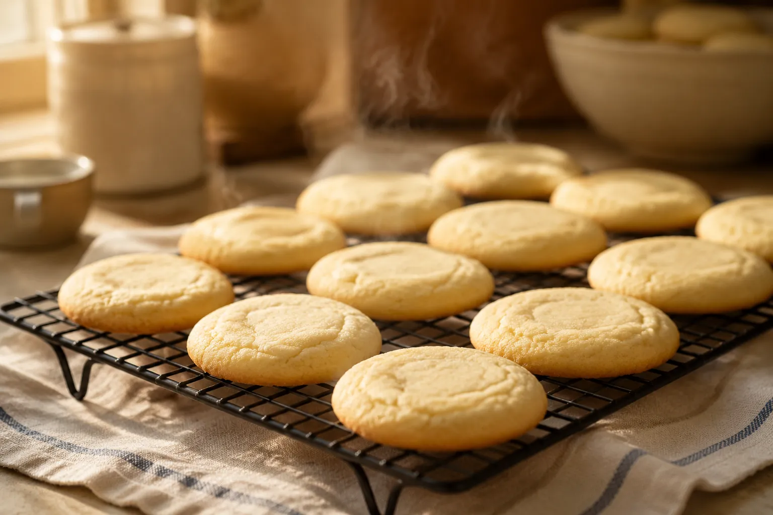 Freshly baked easy sugar cookies cooling on a wire rack
