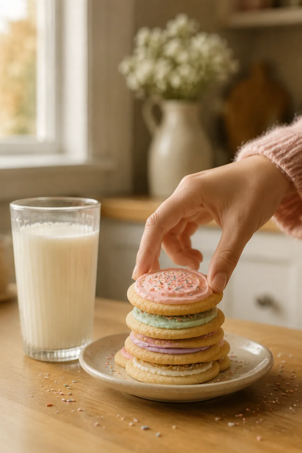 Serving easy sugar cookies with frosting and a glass of milk