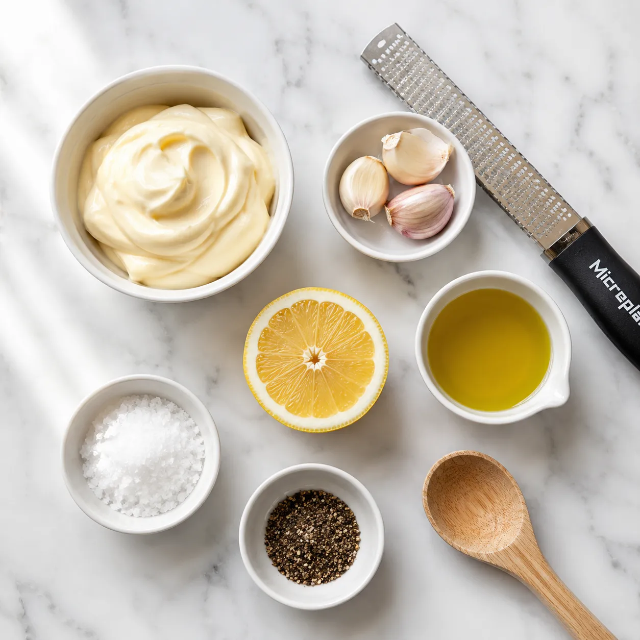Garlic aioli ingredients flatlay with mayo, garlic, lemon, and olive oil