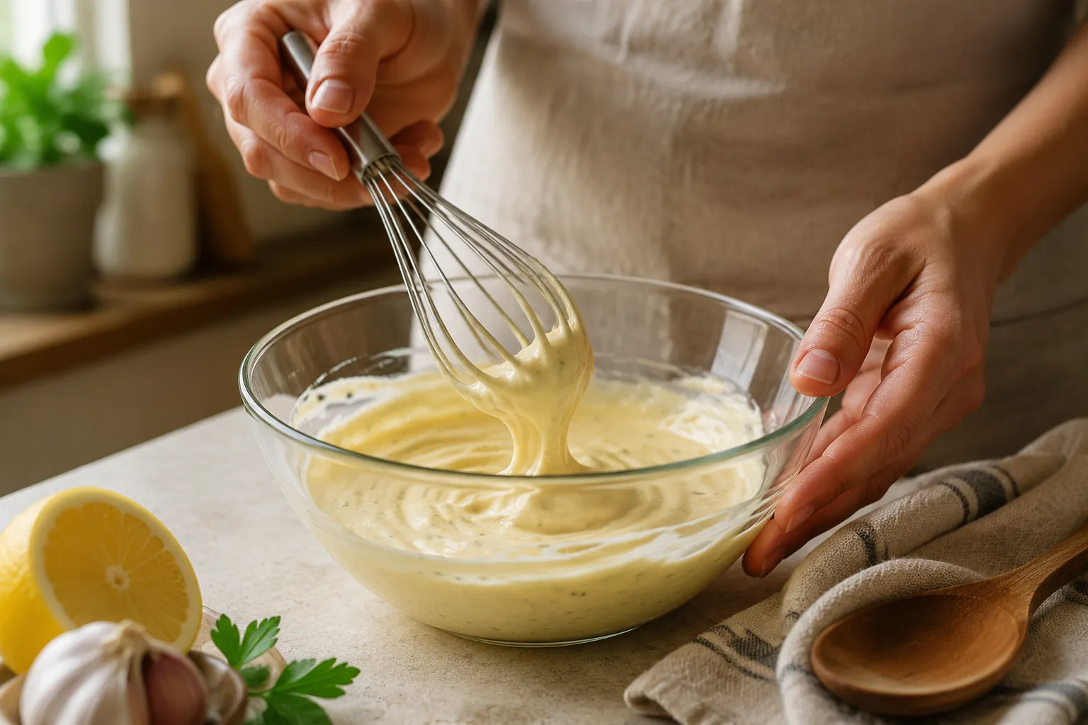 Whisking homemade garlic aioli in a glass bowl