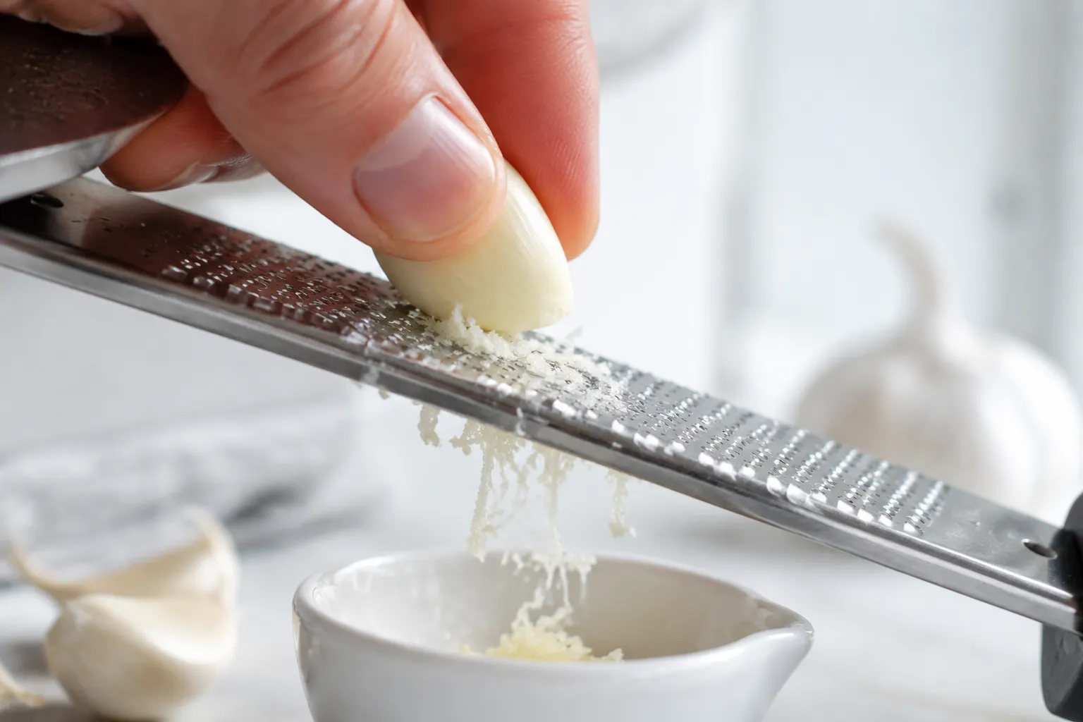 How to make garlic aioli step 1, grating fresh garlic on a microplane