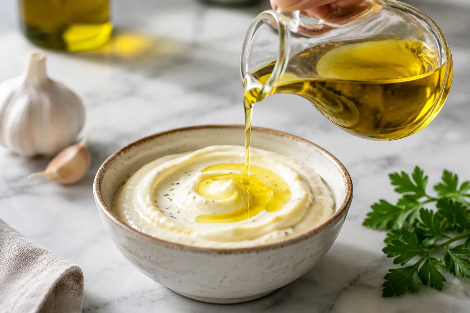 Drizzling olive oil into creamy garlic aioli