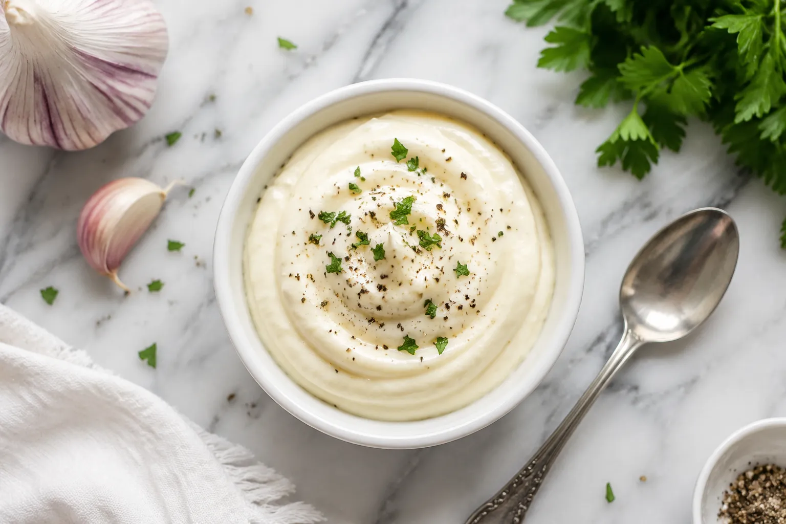 Finished garlic aioli garnished with parsley and black pepper