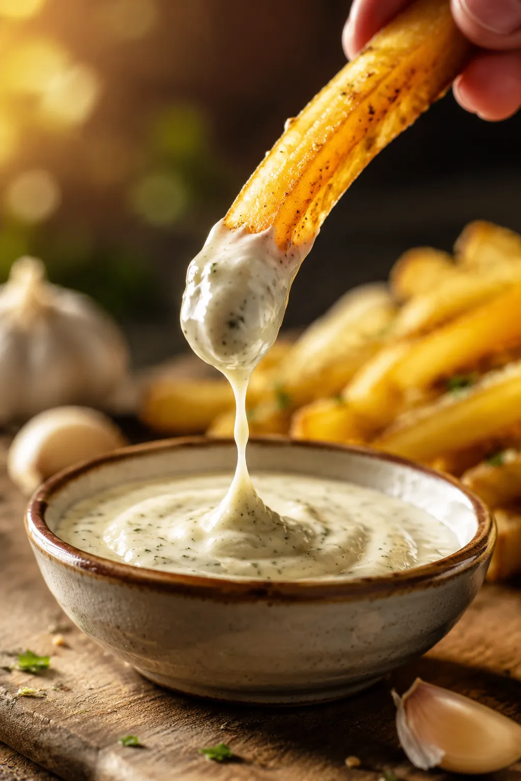 Dipping a crispy fry into homemade garlic aioli