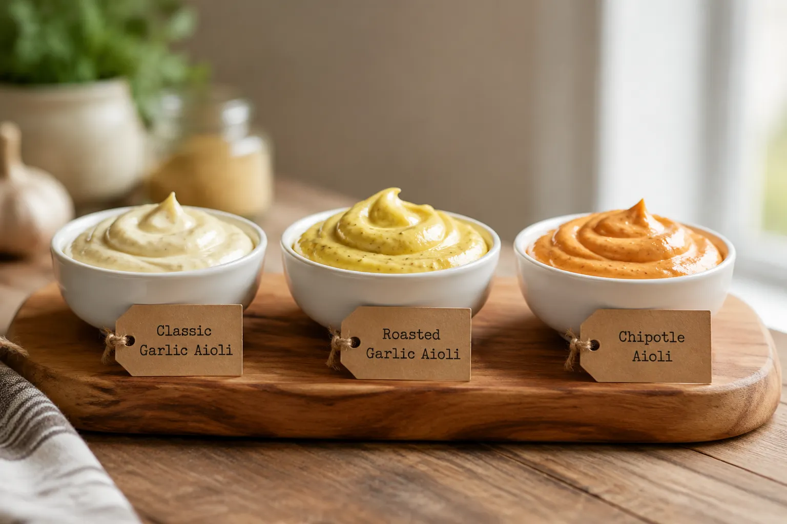 Three garlic aioli variations: classic, roasted garlic, and chipotle
