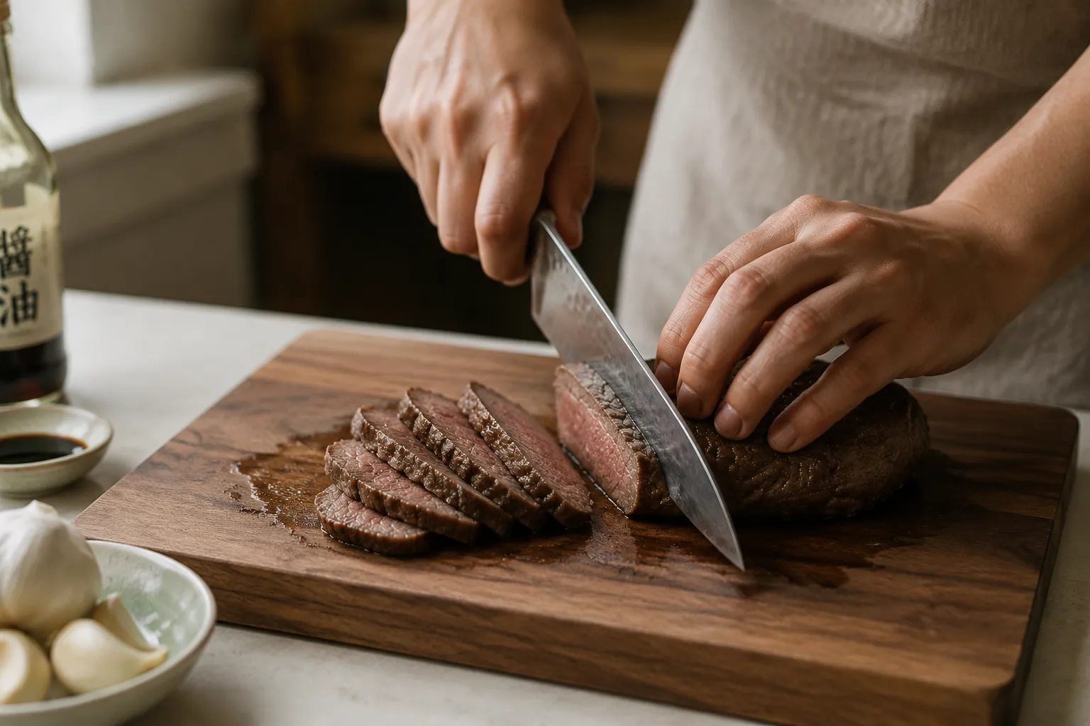 Slicing sirloin steak into strips for lomo saltado stir-fry