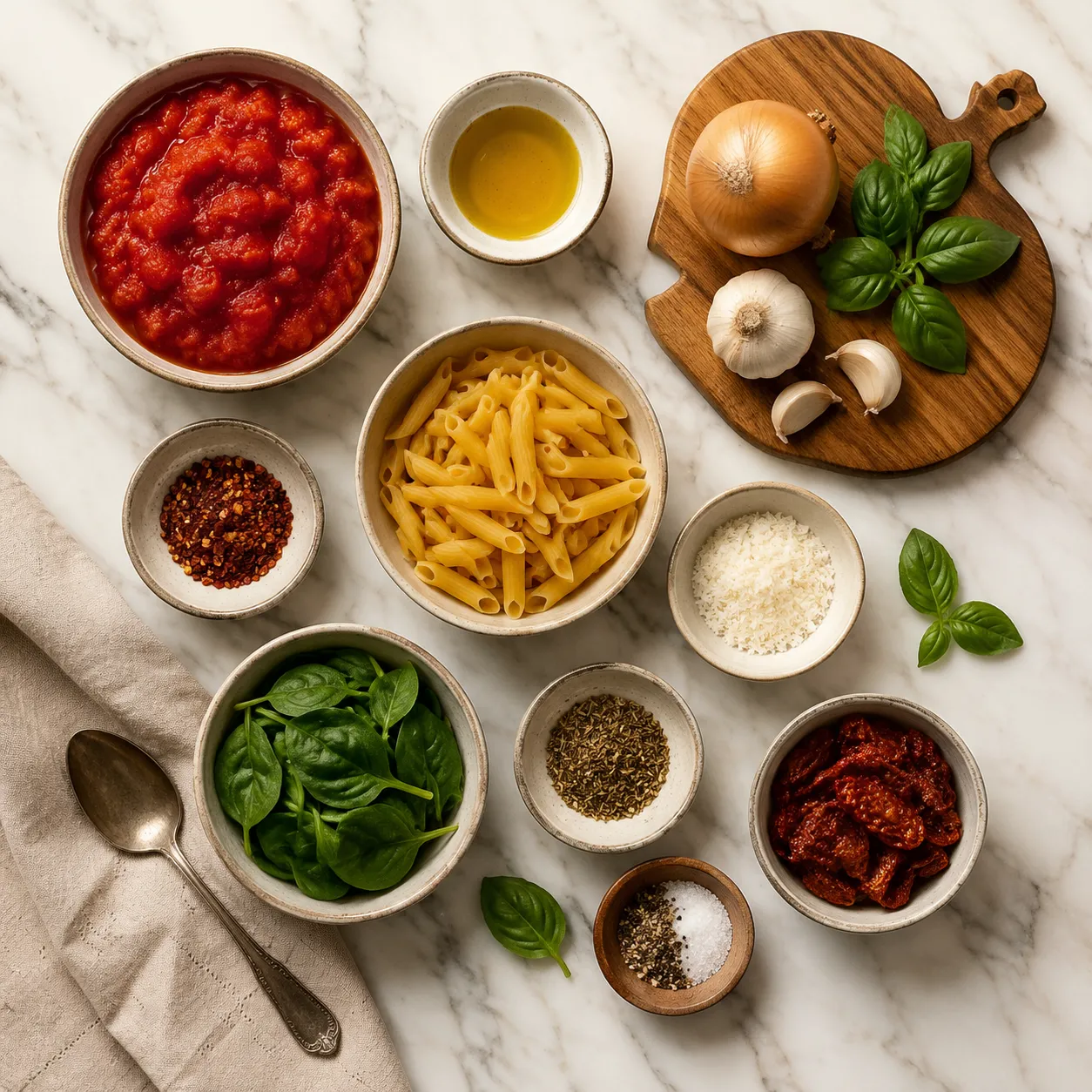 Lomo saltado ingredients flatlay with sirloin, aji amarillo, soy sauce, and fries