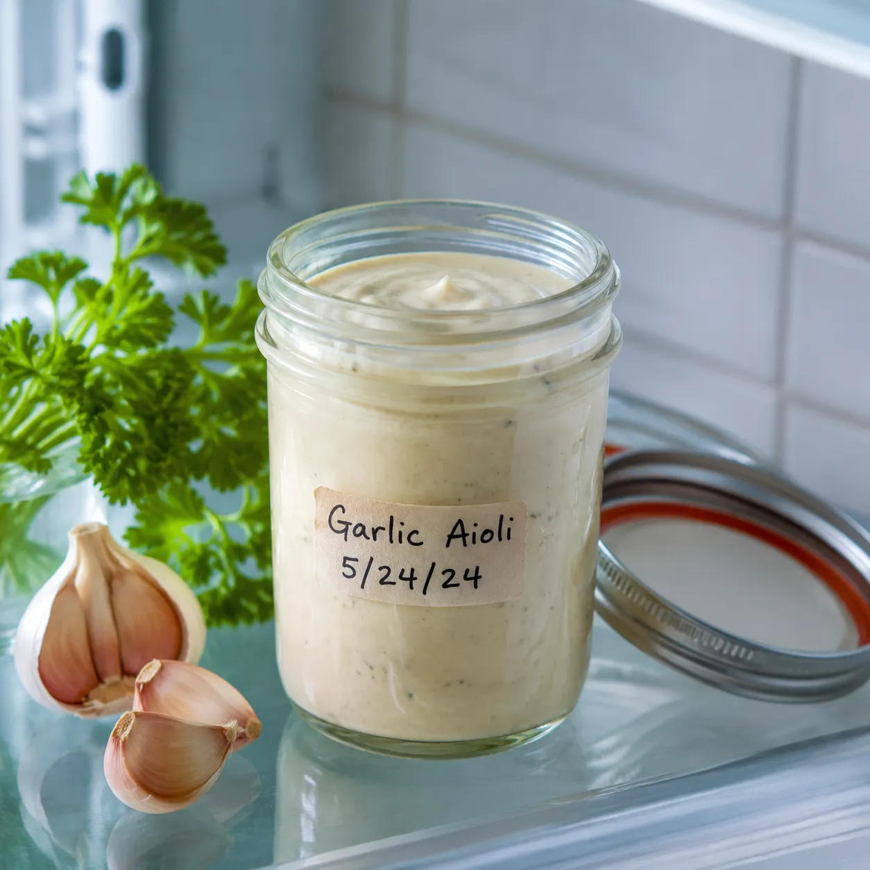 Storing homemade garlic aioli in a mason jar in the fridge