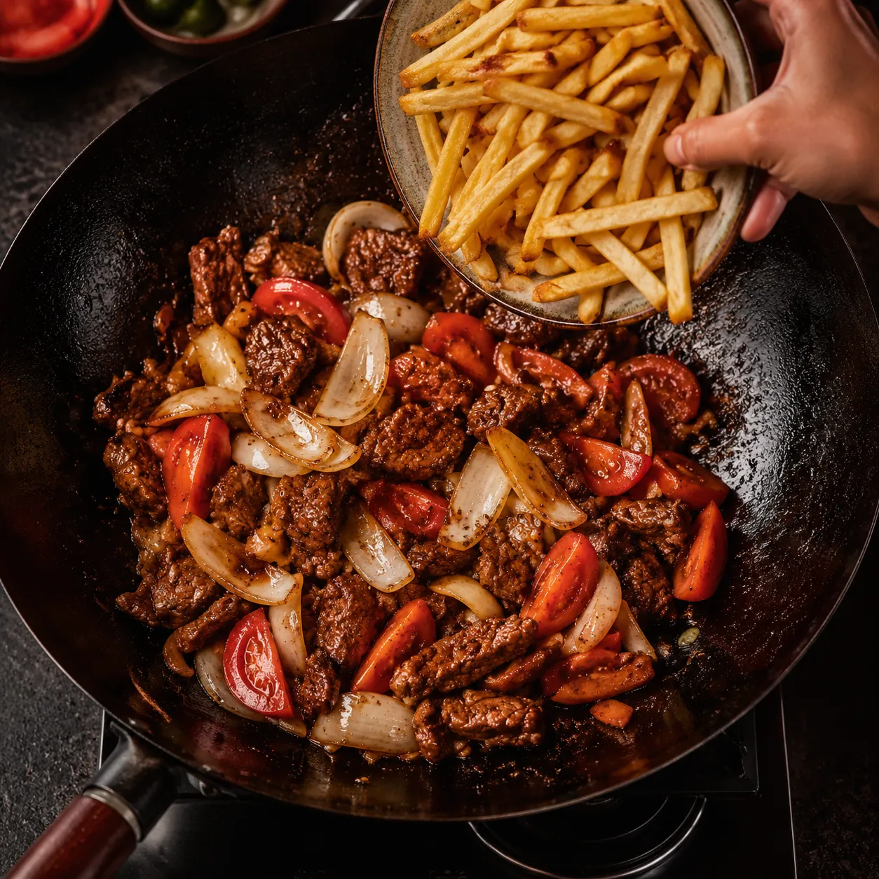 Adding crispy fries to lomo saltado stir-fry in a wok