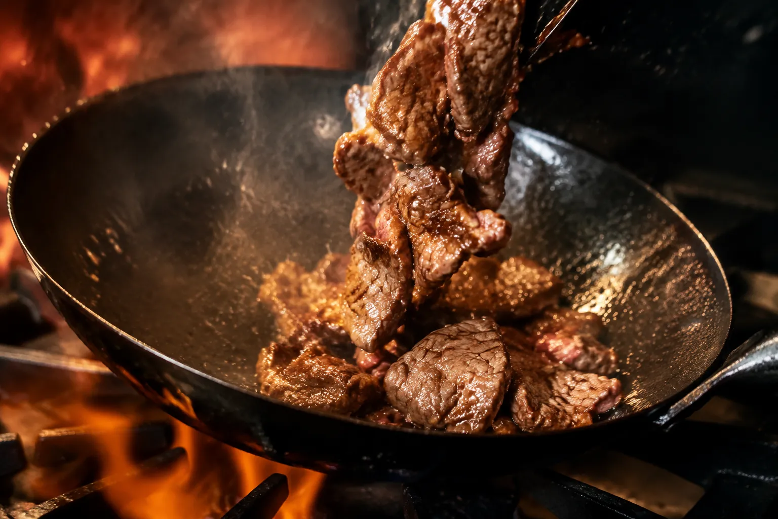 Searing beef strips in a hot wok for authentic lomo saltado