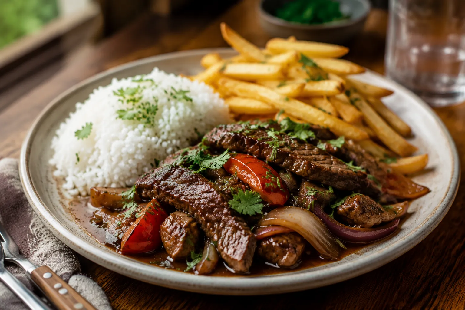 Plated lomo saltado with rice, fries, and fresh cilantro garnish