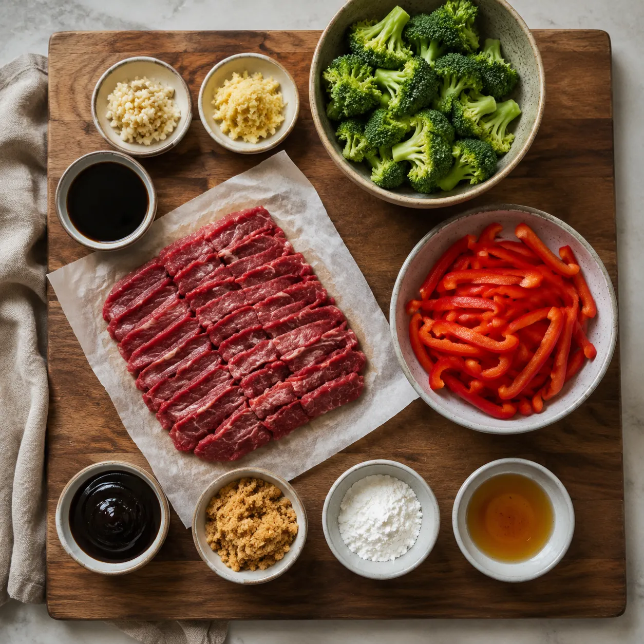 Beef stir fry recipe ingredients flatlay with steak, vegetables, and sauce