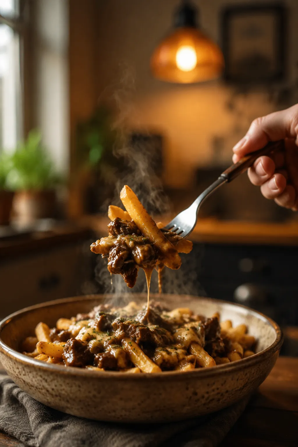 Forkful of lomo saltado beef and fries lifted from bowl