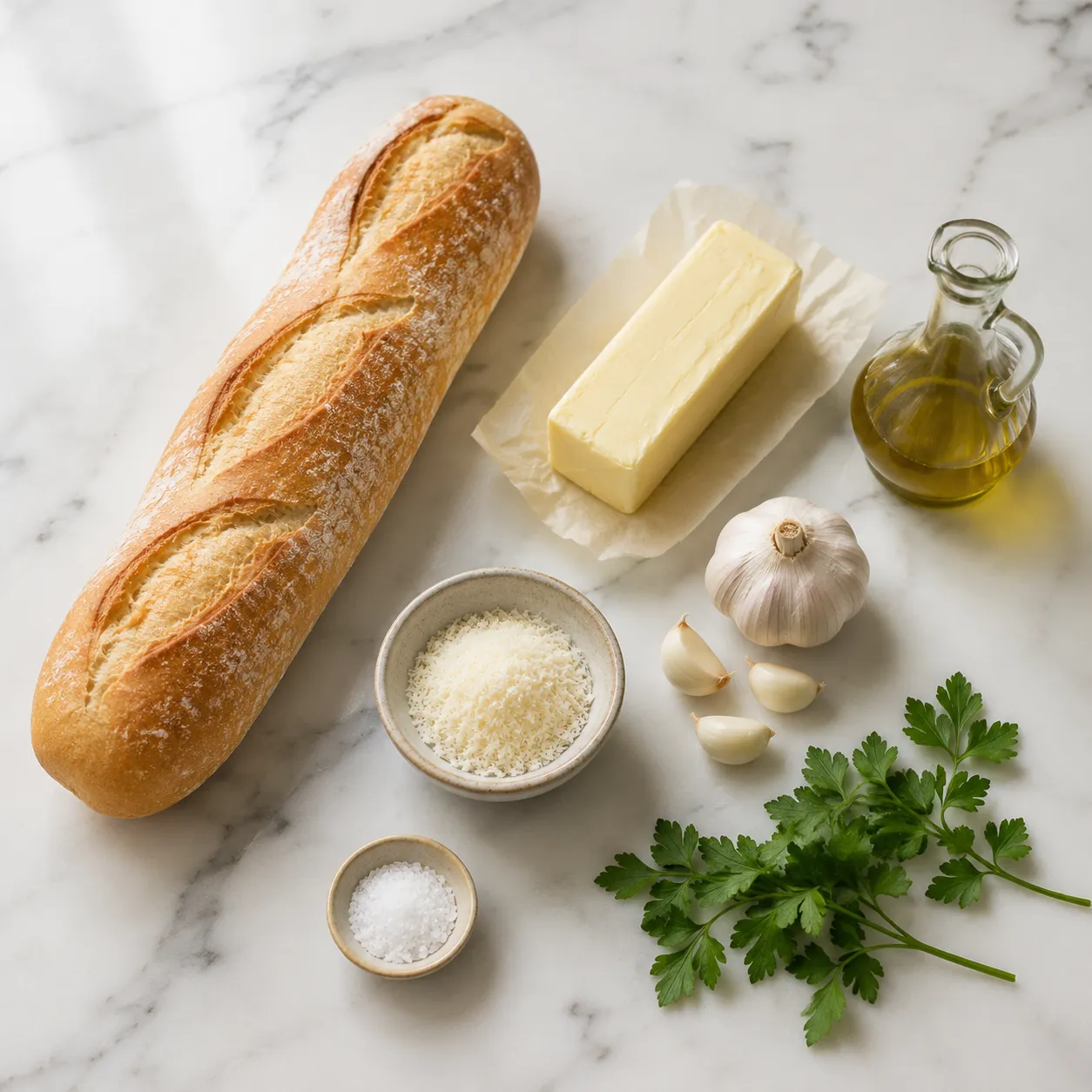 Garlic bread recipe ingredients flat lay with French bread, butter, and fresh garlic