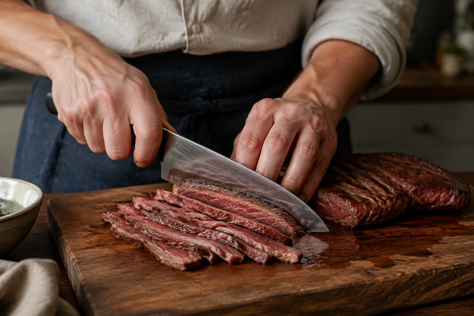 Slicing flank steak against the grain for beef stir fry recipe