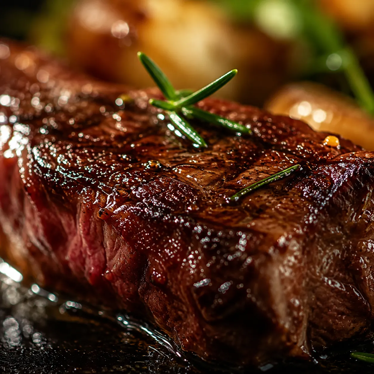 Close-up of glossy lomo saltado beef strip with soy vinegar sauce