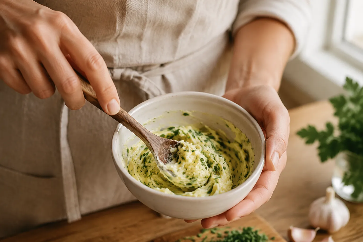 Mixing garlic butter spread for homemade garlic bread recipe