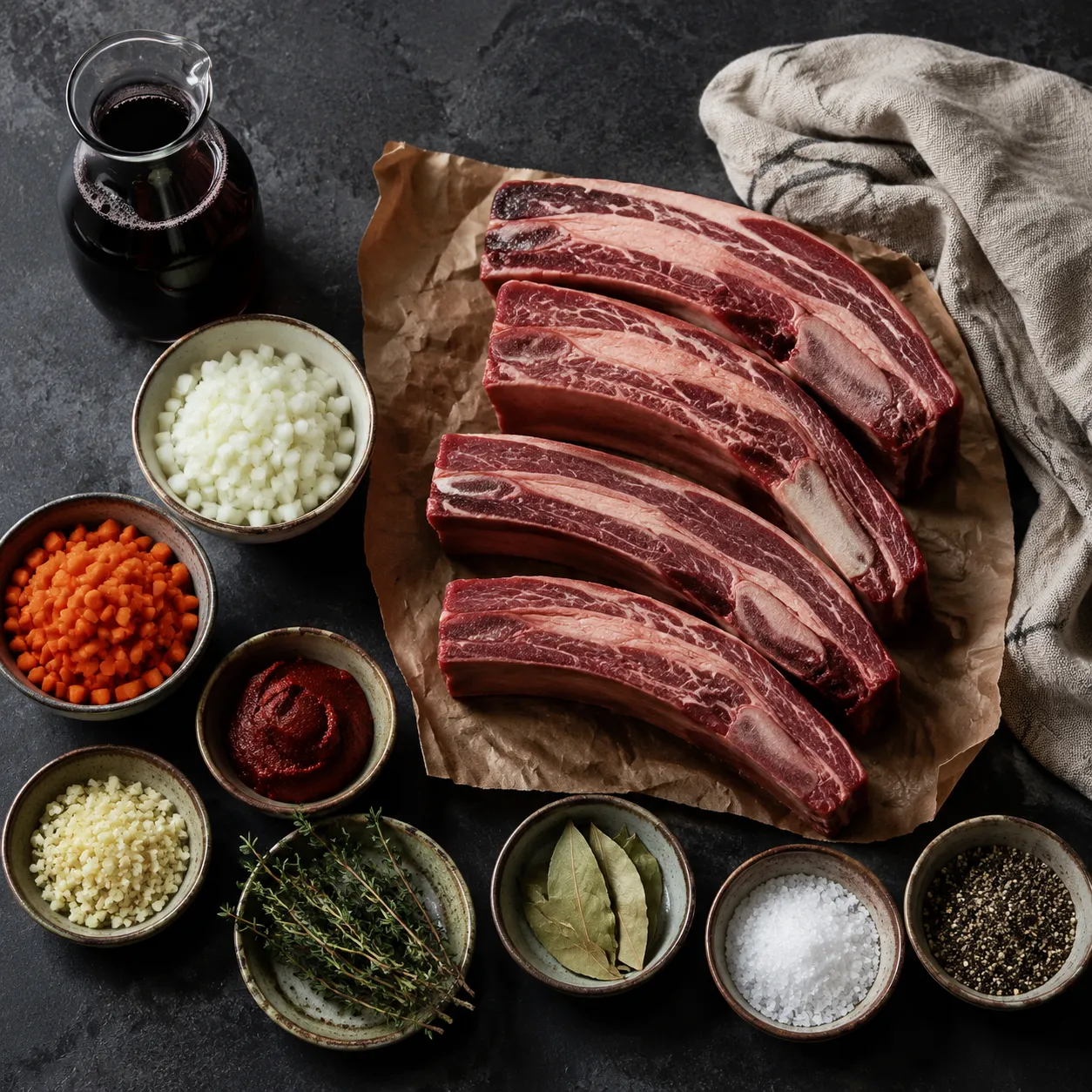 Beef short ribs recipe ingredients flatlay with red wine and herbs