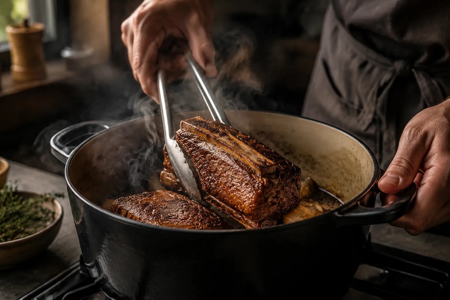 Searing beef short ribs in a Dutch oven for deep flavor