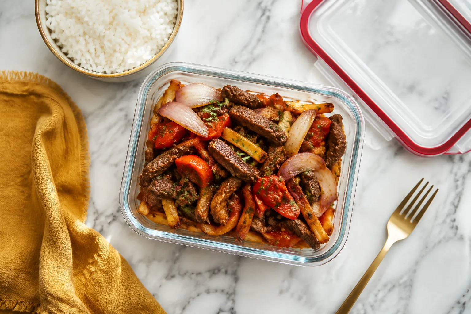 Lomo saltado leftovers stored in a glass meal-prep container with rice