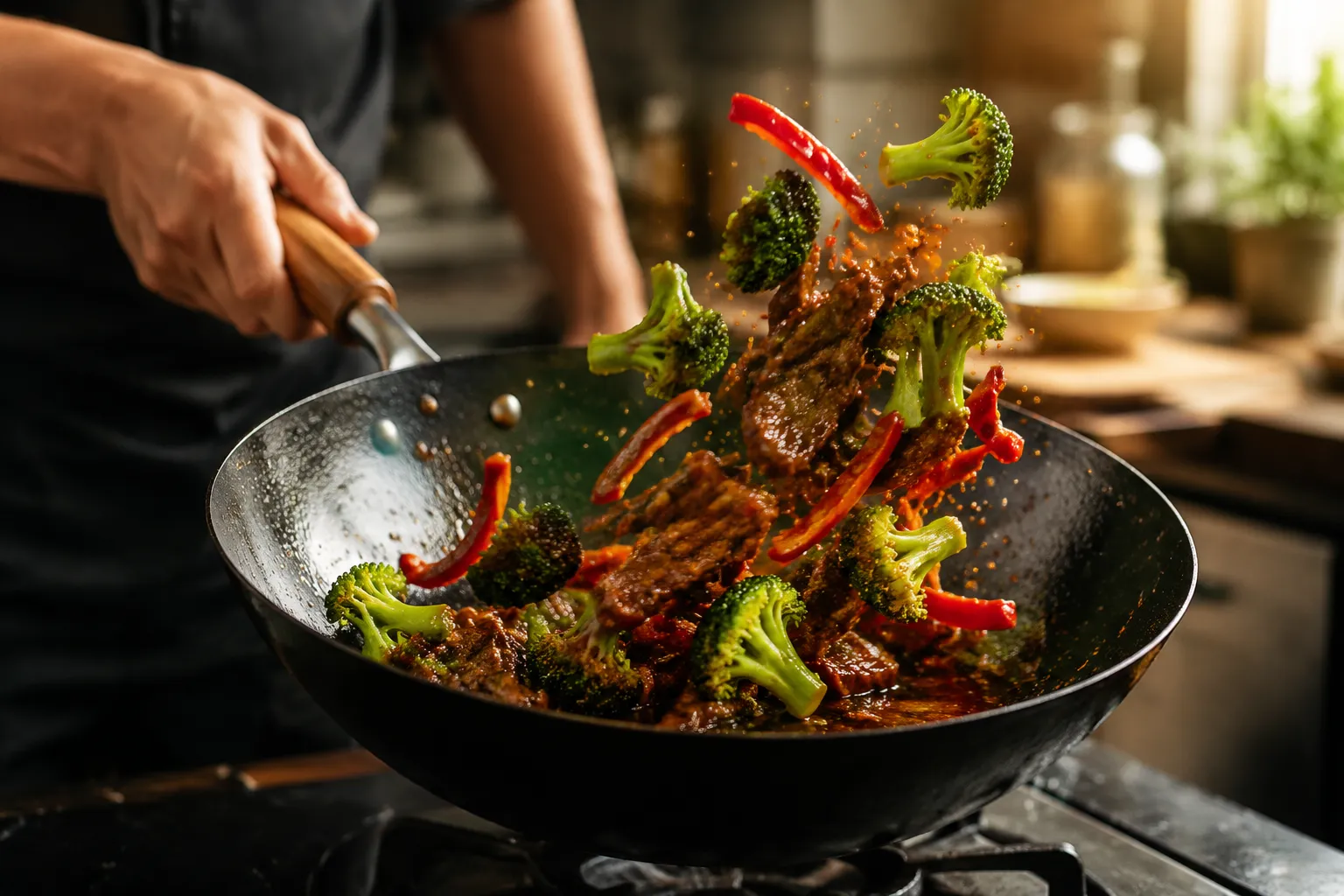 Tossing beef and vegetables in a wok for stir fry beef recipe