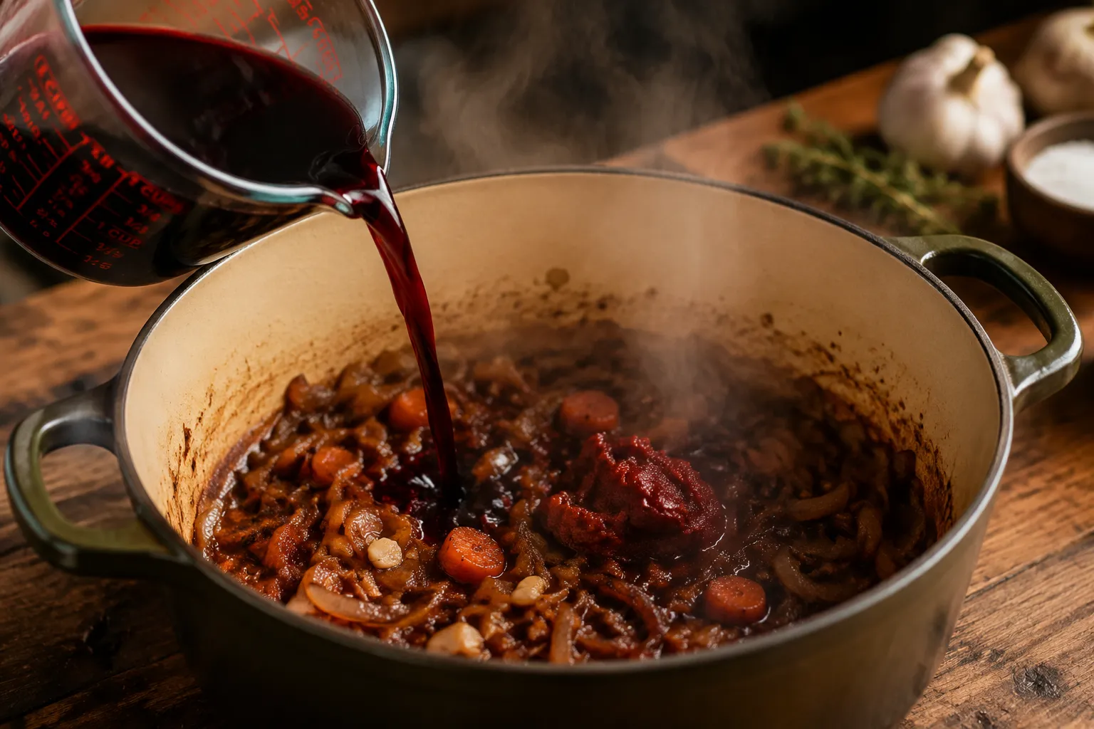 Deglazing Dutch oven with red wine for braised short ribs