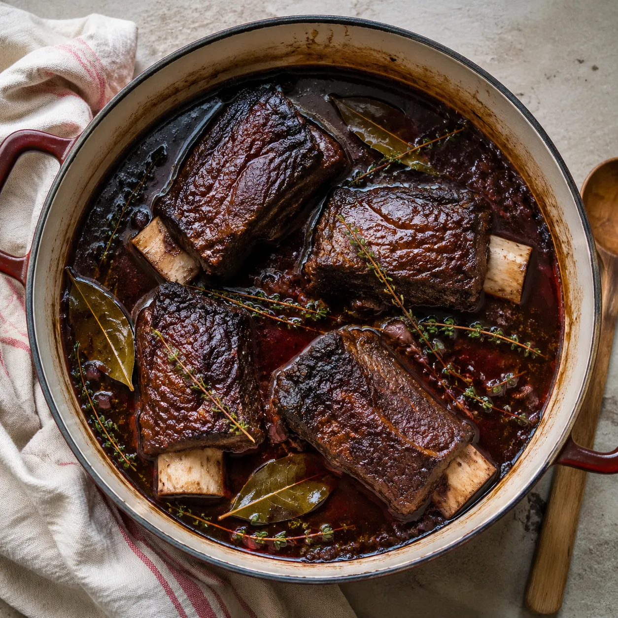 Beef short ribs braising in red wine and broth