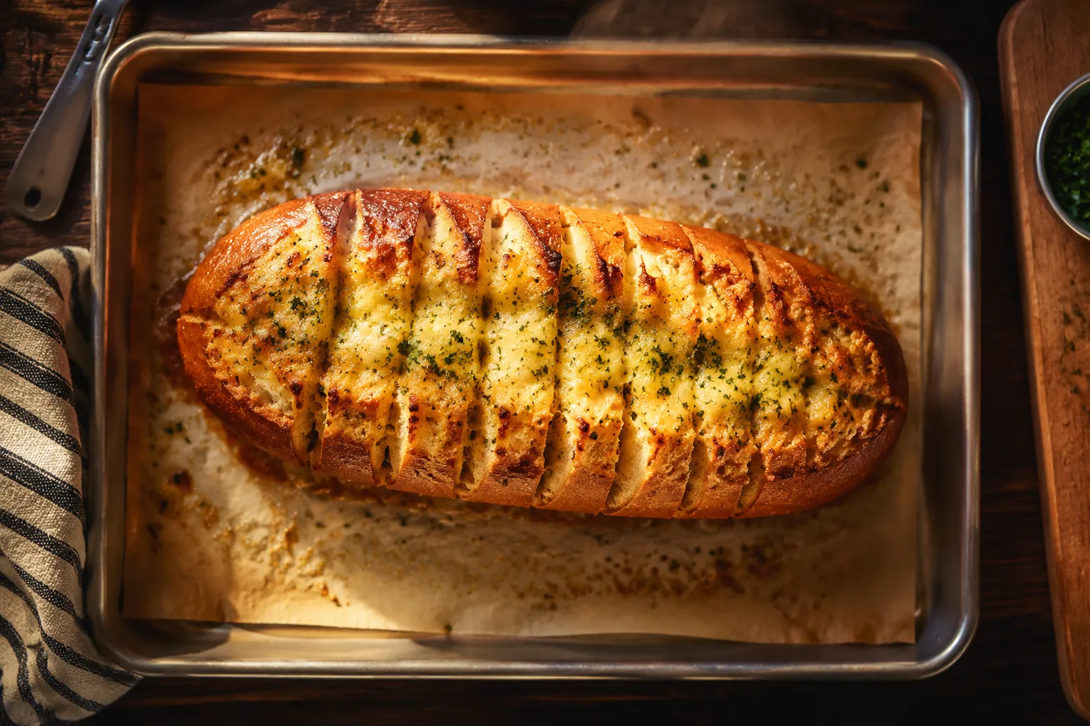 Baked garlic bread fresh from the oven with crispy golden edges