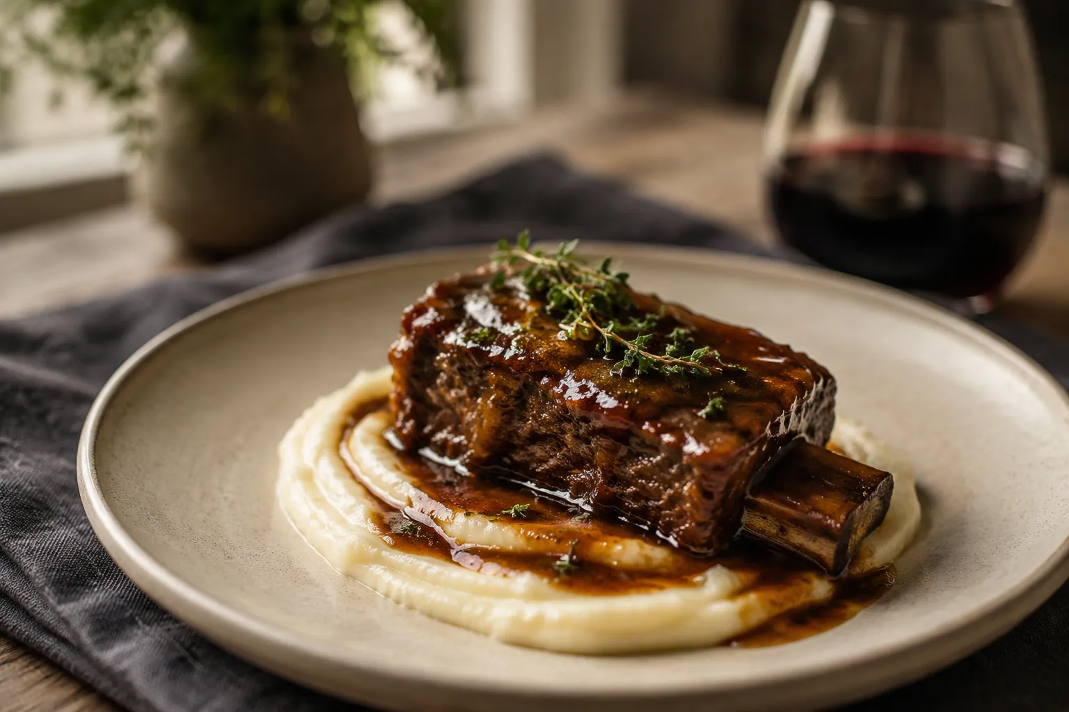 Plated braised beef short ribs with mashed potatoes and gravy