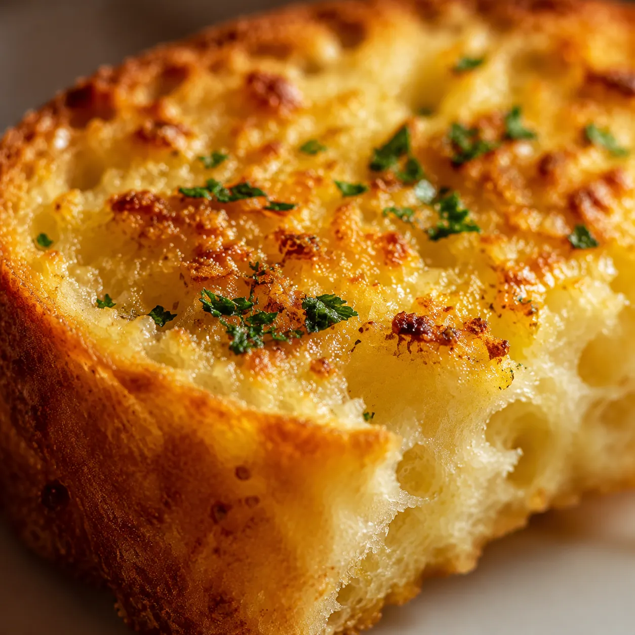 Close-up of crispy buttery garlic bread slice with fresh parsley