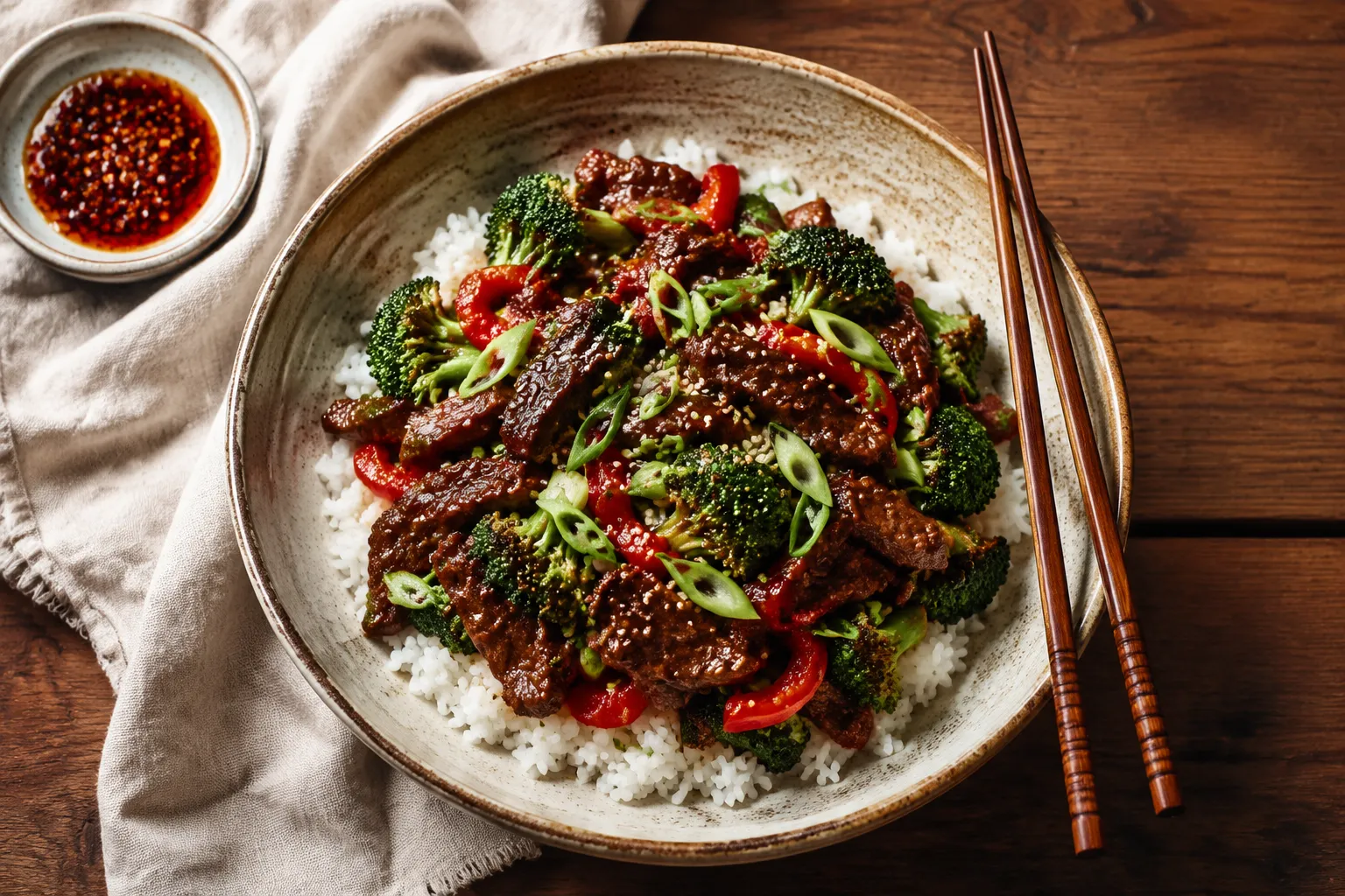 Plated beef stir fry recipe over jasmine rice with sesame and scallions