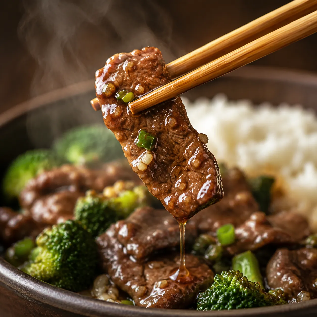 Close-up of tender beef stir fry being lifted with chopsticks
