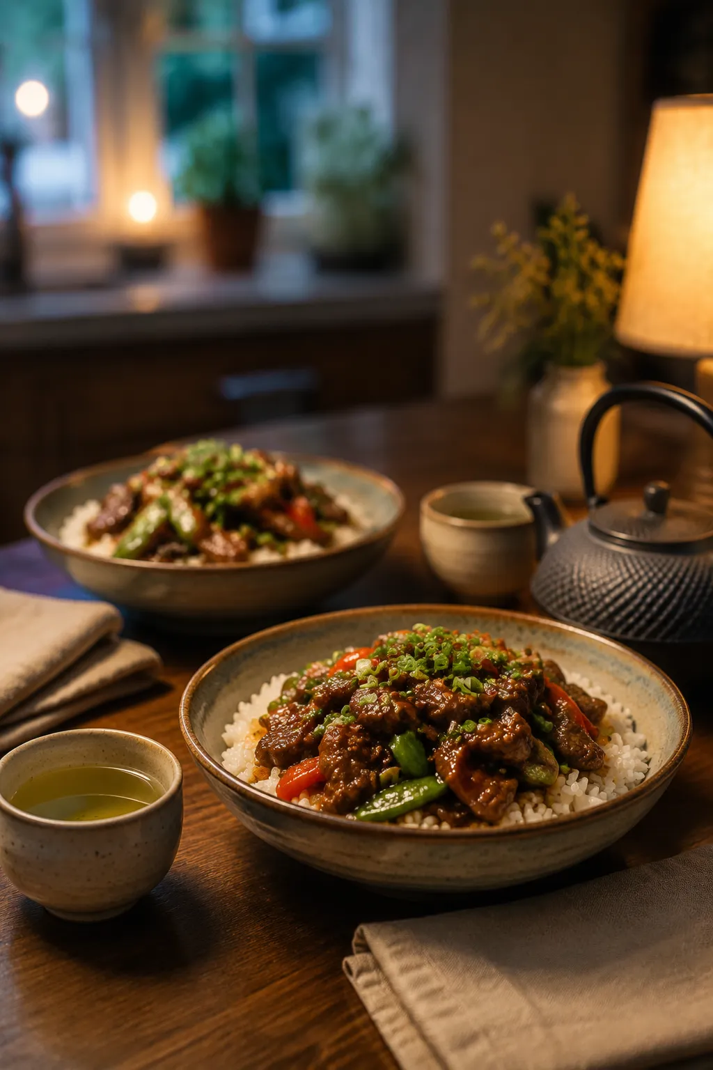 Weeknight dinner table styled with two bowls of beef stir fry recipe