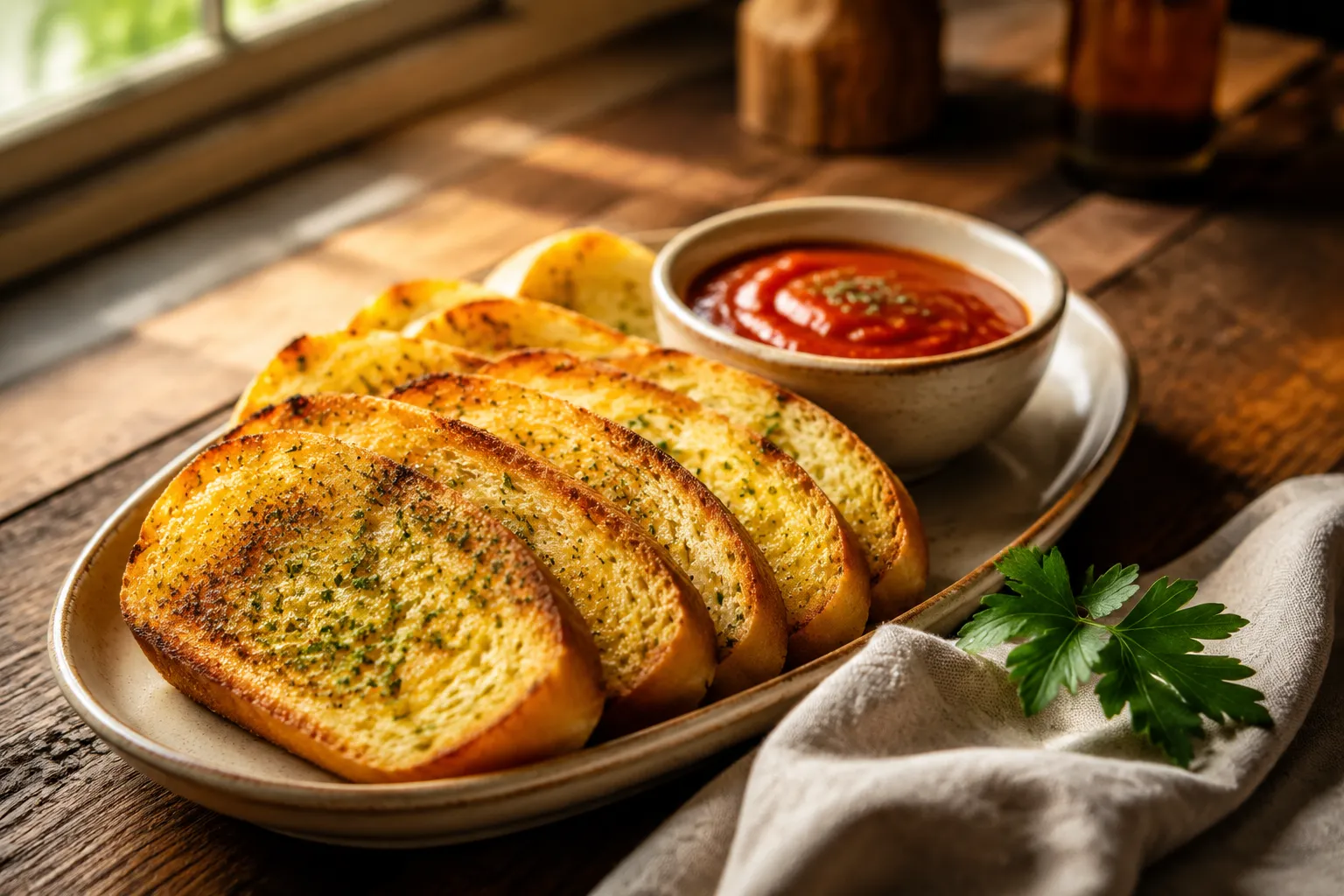 Garlic bread recipe served with marinara dipping sauce