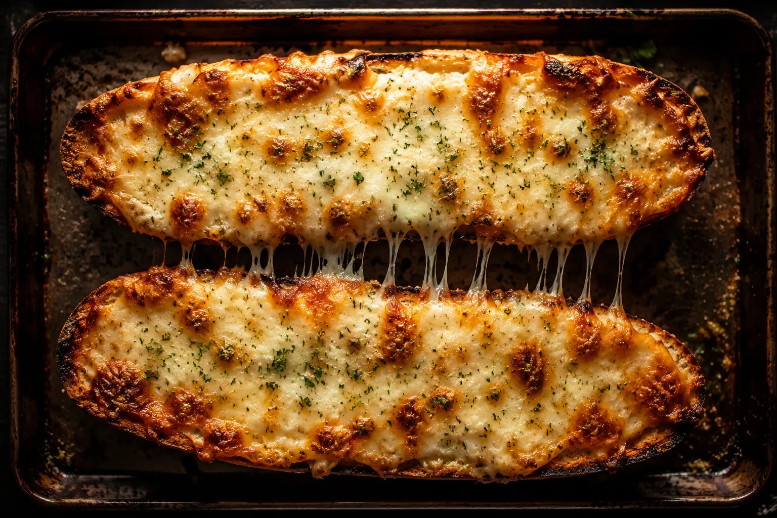 Cheesy garlic bread variation topped with melted mozzarella and Parmesan