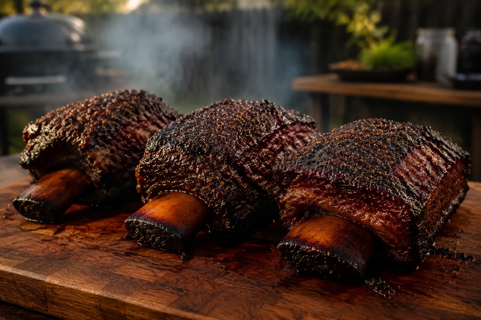 Smoking beef short ribs with peppery bark on a cutting board