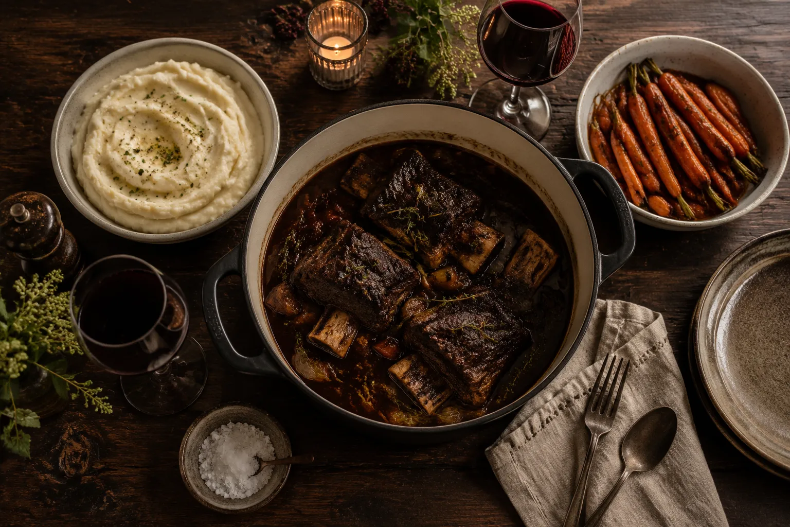 Beef short ribs dinner served family-style with sides and wine