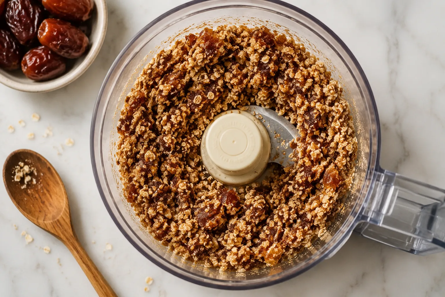 Pulsing oats and dates in a food processor for protein balls recipe