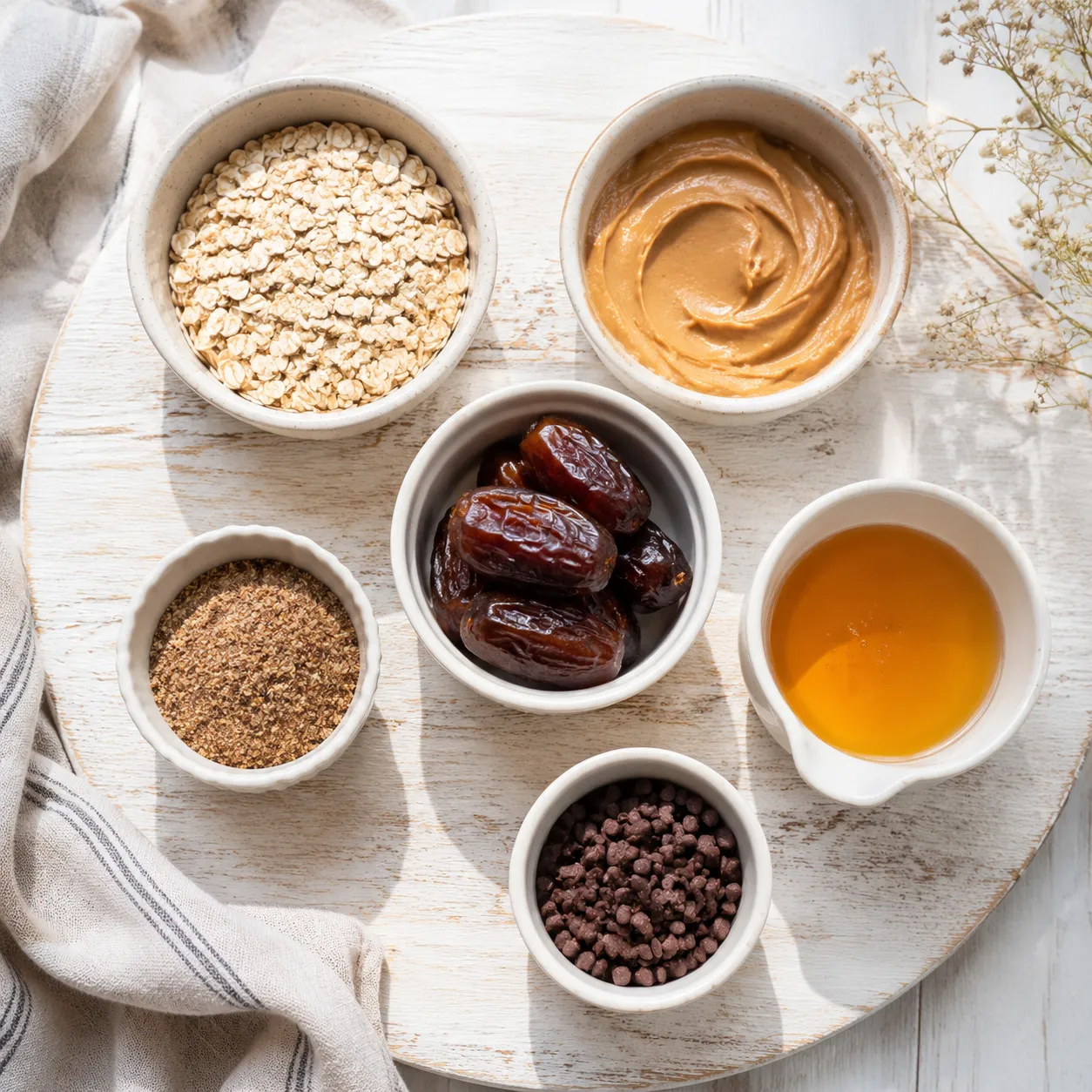Protein balls recipe ingredients flatlay with oats peanut butter and dates