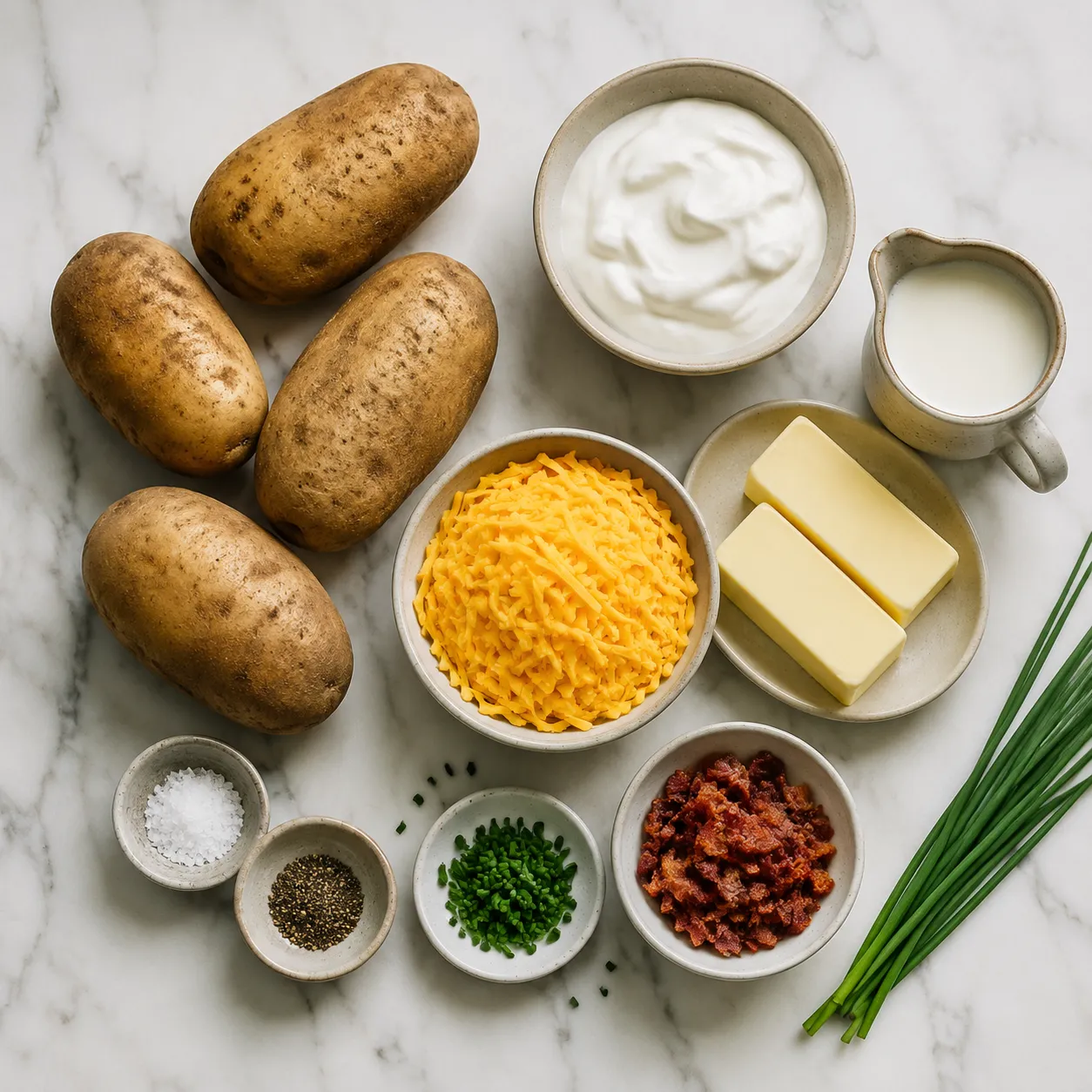Ingredients for twice baked potatoes laid out on a marble counter