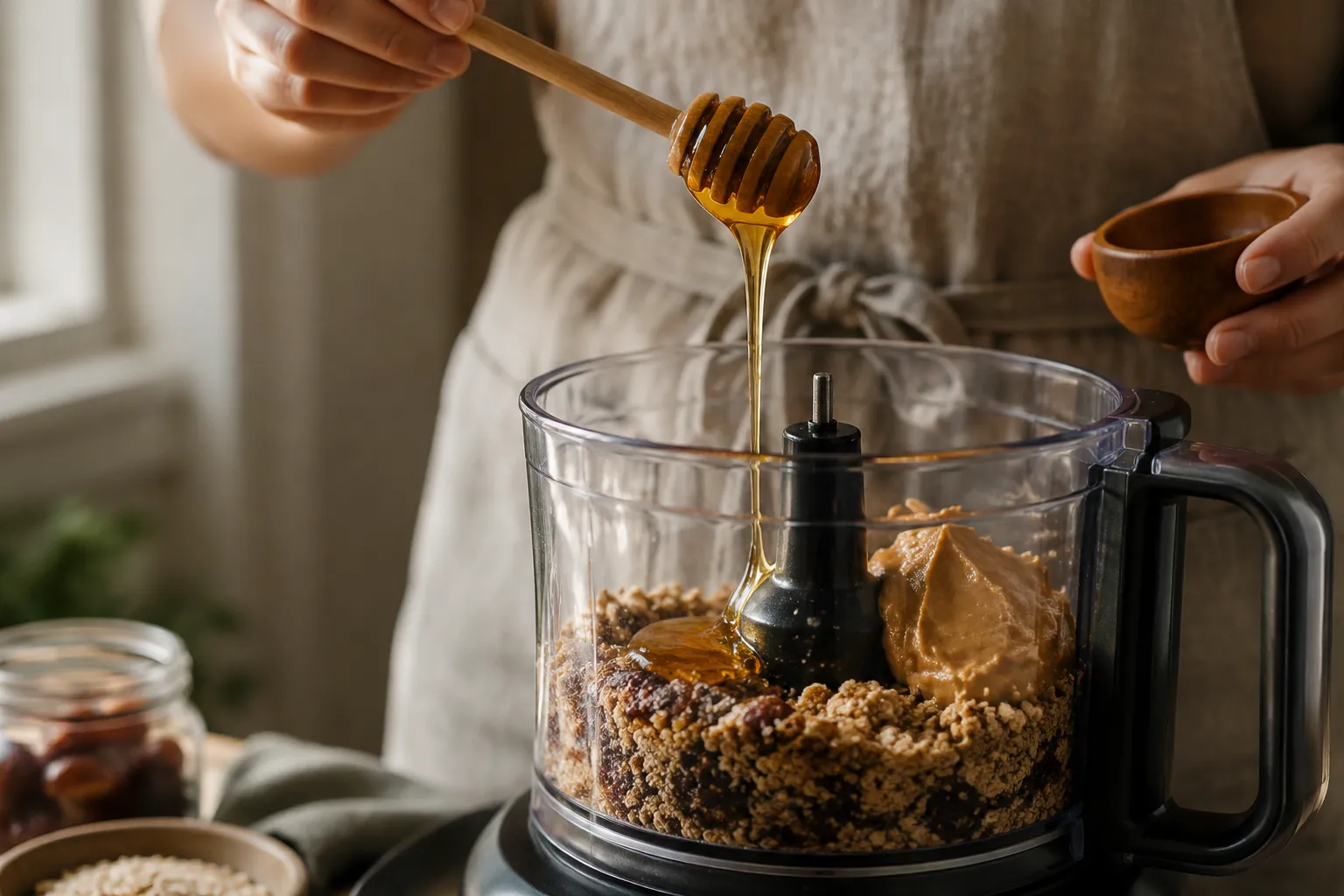 Adding peanut butter and honey for protein balls recipe