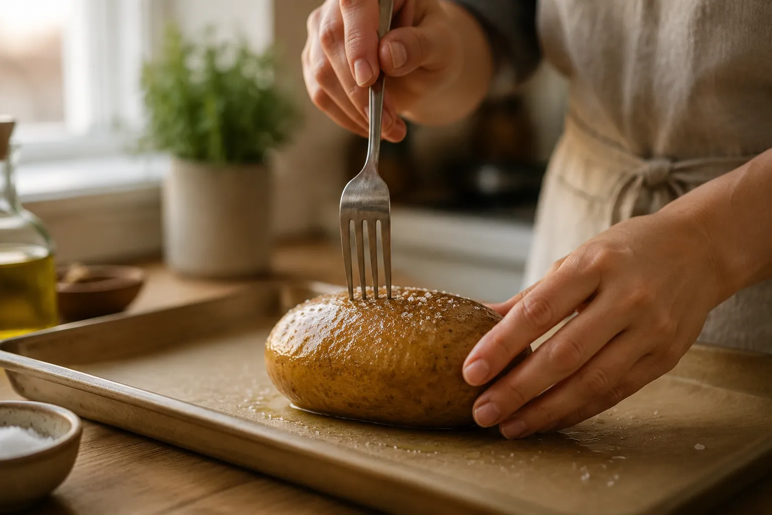 Pricking russet potatoes with a fork before the first bake