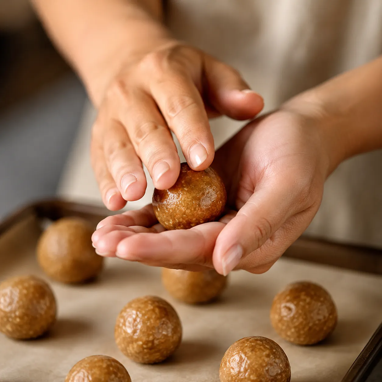 Rolling peanut butter protein balls by hand on a parchment tray